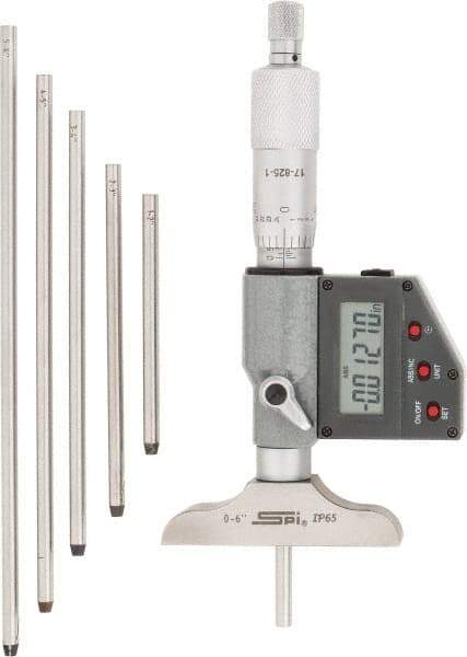 SPI - 0 to 150mm Range, 2-1/2" Base Length, 6 Rods, Ratchet Stop Thimble, Electronic Depth Micrometer - IP65, 0.00005" Resolution, Accurate to 0.005mm, 0.176" Rod Diam, LR44 Battery, Data Output - USA Tool & Supply