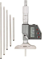 SPI - 0 to 150mm Range, 2-1/2" Base Length, 6 Rods, Ratchet Stop Thimble, Electronic Depth Micrometer - IP65, 0.00005" Resolution, Accurate to 0.005mm, 0.176" Rod Diam, LR44 Battery, Data Output - USA Tool & Supply