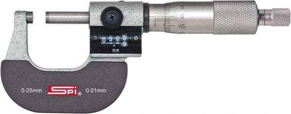 SPI - 0 to 25mm Range, 0.01mm Graduation, Mechanical Outside Micrometer - Ratchet Stop Thimble, 24mm Throat Depth, Accurate to 0.004mm, Digital Counter - USA Tool & Supply