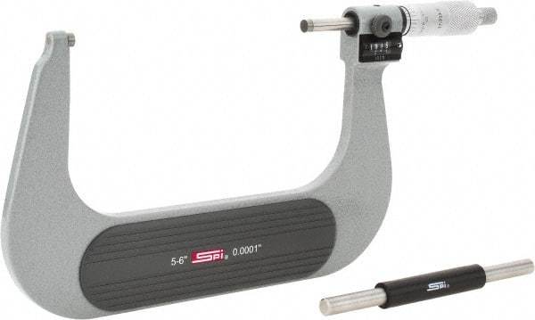 SPI - 5 to 6" Range, 0.0001" Graduation, Mechanical Outside Micrometer - Ratchet Stop Thimble, 3.23" Throat Depth, Accurate to 0.0002", Digital Counter - USA Tool & Supply