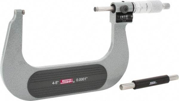 SPI - 4 to 5" Range, 0.0001" Graduation, Mechanical Outside Micrometer - Ratchet Stop Thimble, 2.76" Throat Depth, Accurate to 0.0002", Digital Counter - USA Tool & Supply