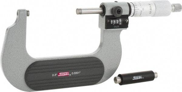 SPI - 2 to 3" Range, 0.0001" Graduation, Mechanical Outside Micrometer - Ratchet Stop Thimble, 1.78" Throat Depth, Accurate to 0.0002", Digital Counter - USA Tool & Supply