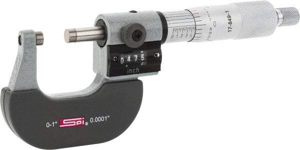 SPI - 0 to 1" Range, 0.0001" Graduation, Mechanical Outside Micrometer - Ratchet Stop Thimble, 0.95" Throat Depth, Accurate to 0.0001", Digital Counter - USA Tool & Supply