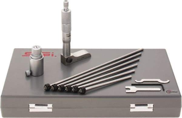 SPI - 0 to 6" Range, 6 Rod, Mechanical Depth Micrometer - Ratchet Stop Thimble, 2-1/4" Base Length, 0.001" Graduation, 4.5mm Rod Diam - USA Tool & Supply