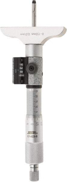 SPI - 0 to 150mm Range, 6 Rod, Mechanical Depth Micrometer - Ratchet Stop Thimble, 63mm Base Length, 0.01mm Graduation, 4.5mm Rod Diam - USA Tool & Supply