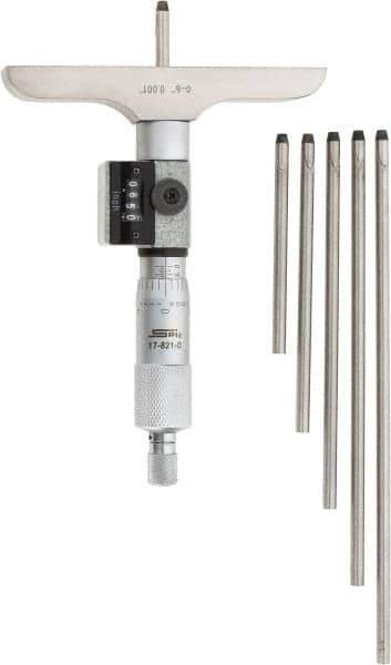 SPI - 0 to 6" Range, 6 Rod, Mechanical Depth Micrometer - Ratchet Stop Thimble, 4" Base Length, 0.001" Graduation, 4.5mm Rod Diam - USA Tool & Supply