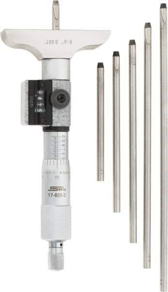 SPI - 0 to 6" Range, 6 Rod, Mechanical Depth Micrometer - Ratchet Stop Thimble, 2-1/2" Base Length, 0.001" Graduation, 4.5mm Rod Diam - USA Tool & Supply