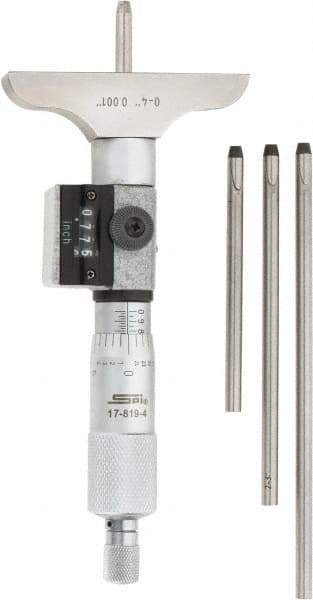 SPI - 0 to 4" Range, 4 Rod, Mechanical Depth Micrometer - Ratchet Stop Thimble, 2-1/2" Base Length, 0.001" Graduation, 4.5mm Rod Diam - USA Tool & Supply