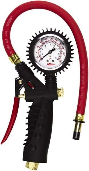 Milton - 0 to 230 psi Dial Straight Tire Pressure Gauge - 15' Hose Length - USA Tool & Supply