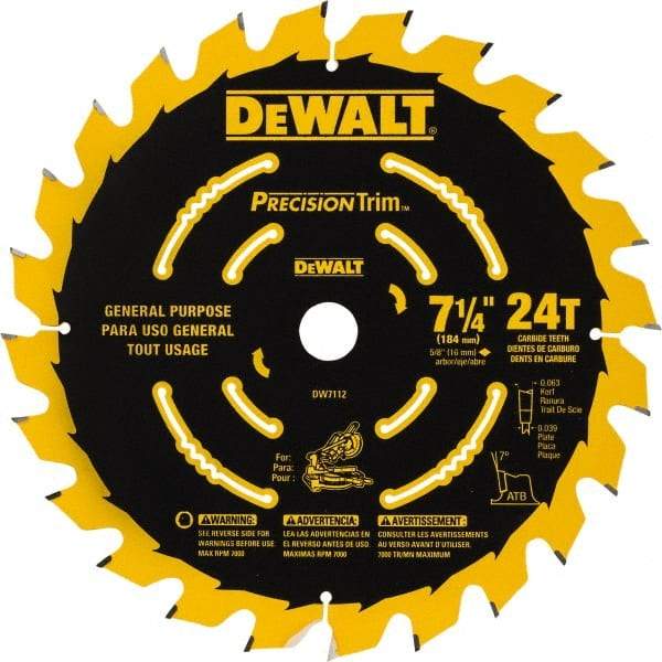 DeWALT - 7-1/4" Diam, 5/8" Arbor Hole Diam, 24 Tooth Wet & Dry Cut Saw Blade - Tungsten Carbide-Tipped, Smooth Action, Standard Round Arbor - USA Tool & Supply