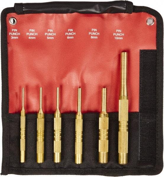 Mayhew - 6 Piece, 3 to 10mm, Pin Punch Set - Round Shank, Brass, Comes in Kit Bag - USA Tool & Supply