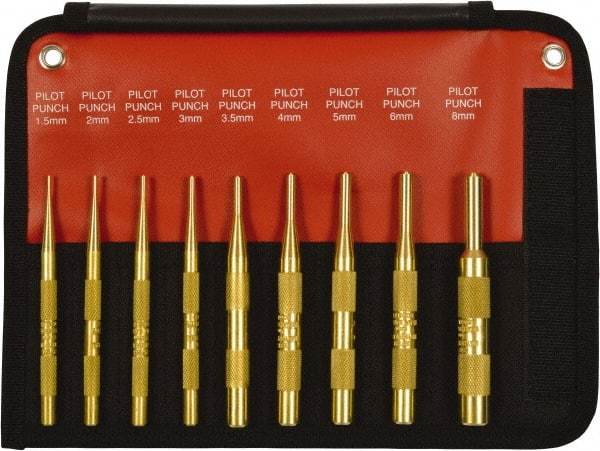 Mayhew - 9 Piece, 1.5 to 10mm, Pin Punch Set - Round Shank, Brass, Comes in Kit Bag - USA Tool & Supply