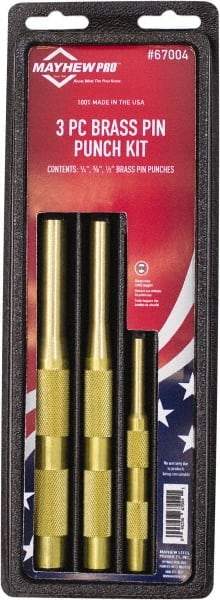 Mayhew - 3 Piece, 1/4 to 1/2", Pin Punch Set - Round Shank, Brass, Comes in Plastic Tray - USA Tool & Supply