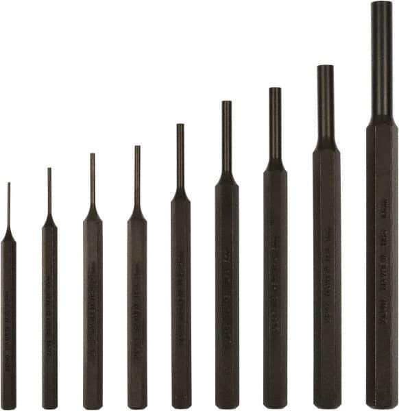 Mayhew - 9 Piece, 1.5 to 10mm, Pin Punch Set - Hex Shank, Steel, Comes in Kit Bag - USA Tool & Supply