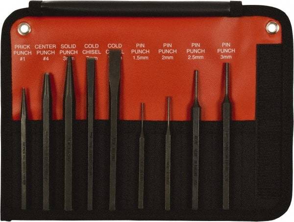 Mayhew - 9 Piece, 9/32 to 5/32", Pin Punch Set - Hex Shank, Steel, Comes in Kit Bag - USA Tool & Supply