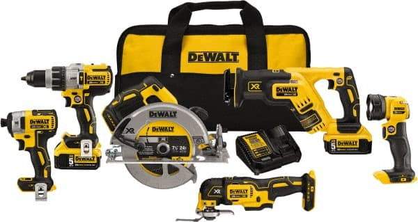 DeWALT - 20 Volt Cordless Tool Combination Kit - Includes 1/2" Brushless Hammerdrill, 1/4" Brushless Impact Driver, Brushless Reciprocating Saw, 7-1/2" Brushless Circular Saw, Oscillating Tool & LED Worklight, Lithium-Ion Battery Included - USA Tool & Supply