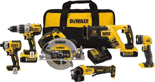 DeWALT - 20 Volt Cordless Tool Combination Kit - Includes 1/2" Brushless Hammerdrill, 1/4" Brushless Impact Driver, Brushless Reciprocating Saw, 7-1/2" Brushless Circular Saw, Cut-Off Tool/Grinder & LED Worklight, Lithium-Ion Battery Included - USA Tool & Supply