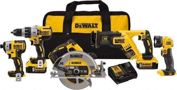 DeWALT - 20 Volt Cordless Tool Combination Kit - Includes 1/2" Brushless Hammerdrill, 1/4" Brushless Impact Driver, Brushless Reciprocating Saw, 7-1/2" Brushless Circular Saw & LED Worklight, Lithium-Ion Battery Included - USA Tool & Supply