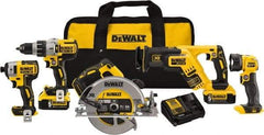 DeWALT - 20 Volt Cordless Tool Combination Kit - Includes 1/2" Brushless Hammerdrill, 1/4" Brushless Impact Driver, Brushless Reciprocating Saw, 7-1/2" Brushless Circular Saw & LED Worklight, Lithium-Ion Battery Included - USA Tool & Supply