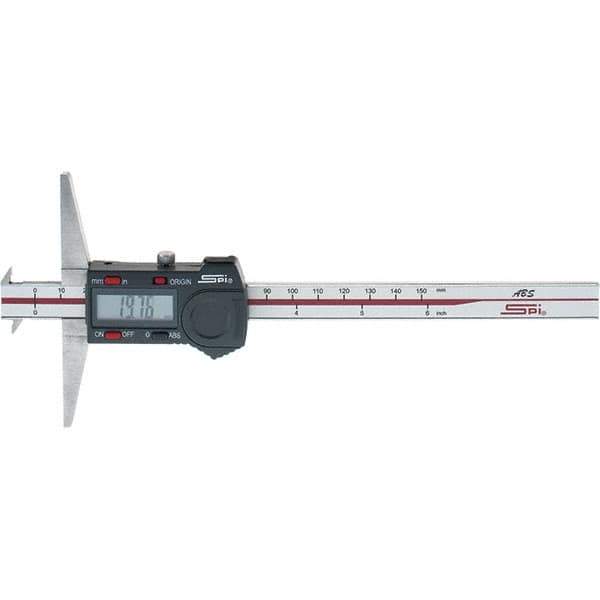 SPI - 0" to 150mm Stainless Steel Electronic Depth Gage - 0.02mm Accuracy, 0.01mm Resolution, 100mm Base Length, Hook Included - USA Tool & Supply