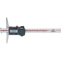 SPI - 0" to 150mm Stainless Steel Electronic Depth Gage - 0.02mm Accuracy, 0.01mm Resolution, 100mm Base Length, Hook Included - USA Tool & Supply