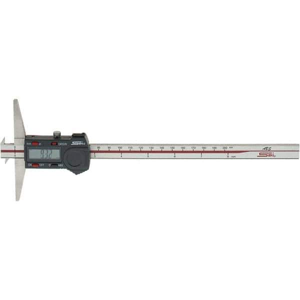 SPI - 0" to 200mm Stainless Steel Electronic Depth Gage - 0.03mm Accuracy, 0.01mm Resolution, 100mm Base Length, Hook Included - USA Tool & Supply