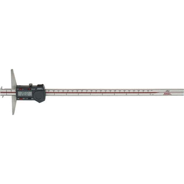 SPI - 0" to 300mm Stainless Steel Electronic Depth Gage - 0.04mm Accuracy, 0.01mm Resolution, 100mm Base Length, Hook Included - USA Tool & Supply