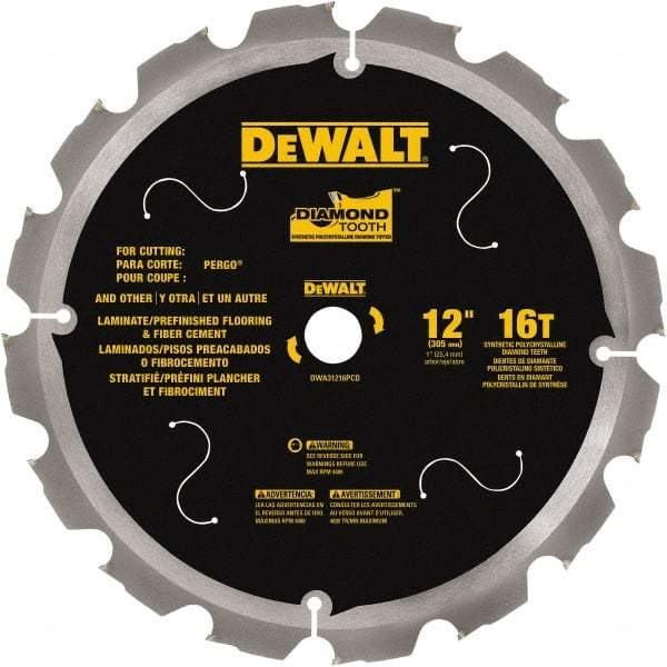 DeWALT - 12" Diam, 1" Arbor Hole Diam, 16 Tooth Wet & Dry Cut Saw Blade - Steel, Smooth Action, Standard Round Arbor - USA Tool & Supply