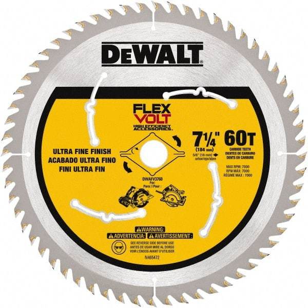 DeWALT - 7-1/4" Diam, 15.88mm Arbor Hole Diam, 60 Tooth Wet & Dry Cut Saw Blade - Steel, Smooth Action, Standard Round Arbor - USA Tool & Supply