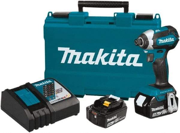 Makita - 18 Volt, 1/4" Drive, 125 Ft/Lb Torque, Cordless Impact Driver - Pistol Grip Handle, 3400 RPM, 2 Lithium-Ion Batteries Included - USA Tool & Supply