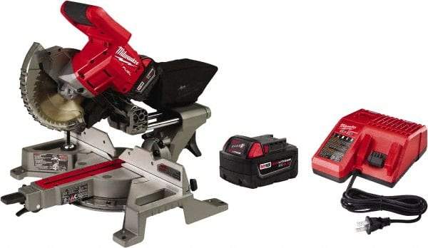 Milwaukee Tool - 5 Amp, 18 Volt, 5,000 RPM, 49° Left & Right Double Bevel Sliding Miter Saw - 5/8" Arbor, 7-1/4" Blade Diam, Includes Blade Wrench, Blade, Battery Pack & Battery Charger - USA Tool & Supply