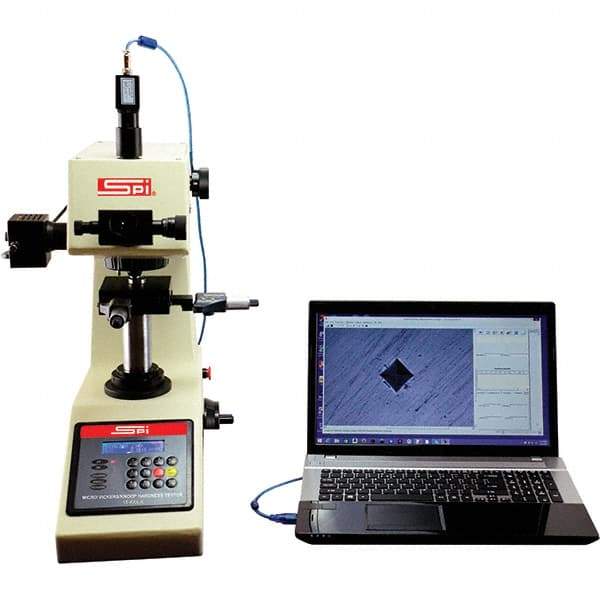 SPI - Vickers, Knoop Bench Top Hardness Tester - 0.1 HRC Resolution 1HV Min Hardness to 2967 HV Max Hardness, Digital Display - USA Tool & Supply