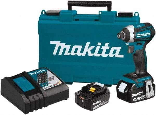 Makita - 18 Volt, 1/4" Drive, 1,550 In/Lb Torque, Cordless Impact Driver - Pistol Grip Handle, 3600 RPM, 2 Lithium-Ion Batteries Included - USA Tool & Supply