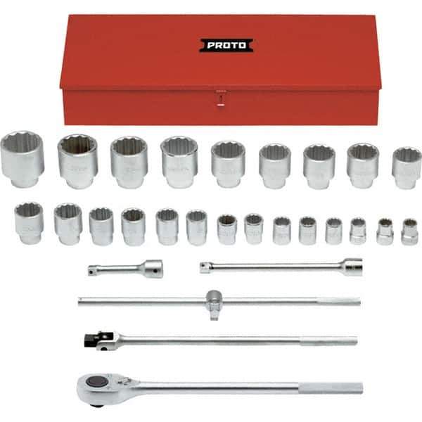Proto - 29 Piece 1" Drive Chrome Finish Socket Set - 12 Points, 1-1/16" to 3-1/2" Range, Inch Measurement Standard - USA Tool & Supply
