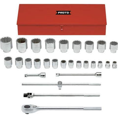Proto - 29 Piece 1" Drive Chrome Finish Socket Set - 12 Points, 1-1/16" to 3-1/2" Range, Inch Measurement Standard - USA Tool & Supply