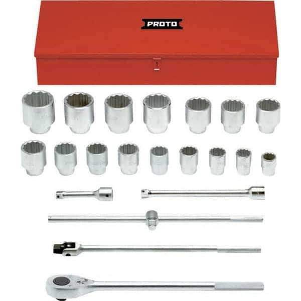 Proto - 22 Piece 1" Drive Chrome Finish Socket Set - 12 Points, 1-1/2" to 3-1/2" Range, Inch Measurement Standard - USA Tool & Supply