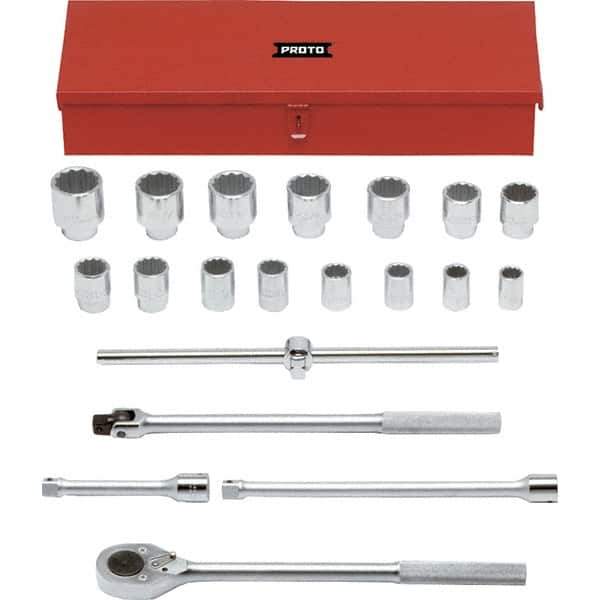 Proto - 20 Piece 3/4" Drive Chrome Finish Socket Set - 12 Points, 7/8" to 2" Range, Inch Measurement Standard - USA Tool & Supply