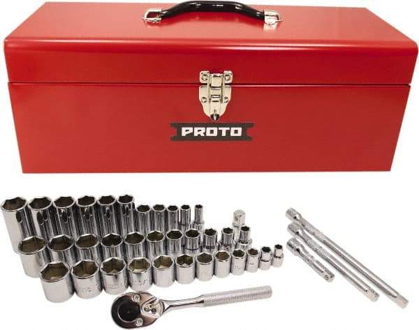 Proto - 39 Piece 3/8" & 1/2" Drive Chrome Finish Deep Well Socket Set - 6 Points, 5/16" to 1" Range, Inch Measurement Standard - USA Tool & Supply