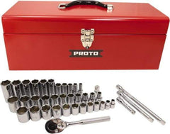 Proto - 39 Piece 3/8" & 1/2" Drive Chrome Finish Deep Well Socket Set - 6 Points, 5/16" to 1" Range, Inch Measurement Standard - USA Tool & Supply