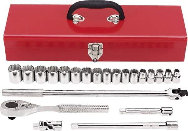 Proto - 22 Piece 1/2" Drive Chrome Finish Socket Set - 12 Points, 10mm to 26mm Range, Metric Measurement Standard - USA Tool & Supply