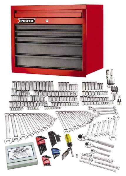 Proto - 302 Piece 1/4", 3/8" & 1/2" Drive Chrome Finish Deep Well Socket Set - 6, 12 Points, 5/32" to 1-1/2" (4mm to 24mm) Range, Inch/Metric Measurement Standard - USA Tool & Supply