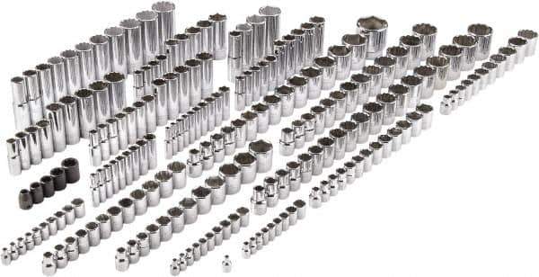 Proto - 205 Piece 1/4", 3/8" & 1/2" Drive Chrome Finish Deep Well Impact Socket Set - 6, 8, 12 Points, 5/32" to 1-1/4" (4mm to 32mm) Range, Inch/Metric Measurement Standard - USA Tool & Supply