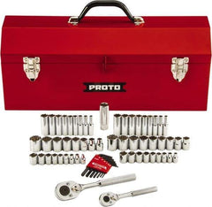 Proto - 63 Piece 1/4" & 3/8" Drive Chrome Finish Deep Well Socket Set - 6, 12 Points, 1/8" to 3/4" (5mm to 18mm) Range, Inch/Metric Measurement Standard - USA Tool & Supply
