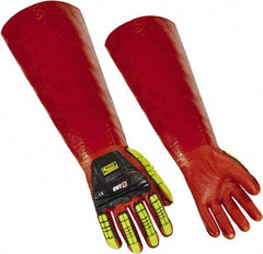 Ringers Gloves - Size XL (12), 18" Long, 10 mil Thick, PVC Chemical Resistant Gloves - Textured Finish, KEVLAR Lined, Gauntlet Cuff, ANSI Abrasion Level 4, ANSI Cut Level 3, Hi-Viz Yellow/Red - USA Tool & Supply