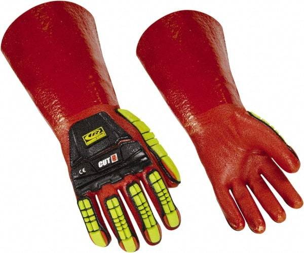 Ringers Gloves - Size M (10), 14" Long, 10 mil Thick, PVC Chemical Resistant Gloves - Textured Finish, KEVLAR Lined, Gauntlet Cuff, ANSI Abrasion Level 4, ANSI Cut Level 3, Hi-Viz Yellow/Red - USA Tool & Supply