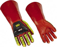 Ringers Gloves - Size M (10), 14" Long, 10 mil Thick, PVC Chemical Resistant Gloves - Textured Finish, KEVLAR Lined, Gauntlet Cuff, ANSI Abrasion Level 4, ANSI Cut Level 3, Hi-Viz Yellow/Red - USA Tool & Supply