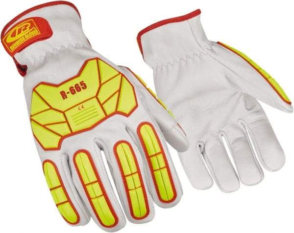 Ringers Gloves - Size S (8), ANSI Cut Lvl 3, Goatskin Leather Cut Resistant Gloves - Hook & Loop Cuff, White/Hi-Vis Yellow, Paired - USA Tool & Supply