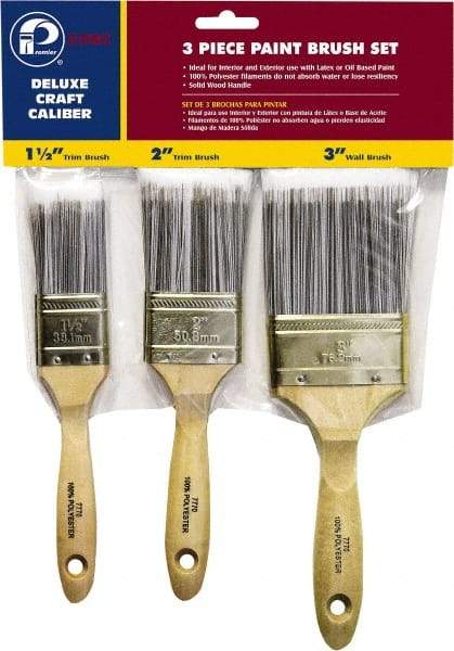Premier Paint Roller - 1-1/2, 2 & 3" Flat Polyester General Purpose Paint Brush Set - 2-1/4 & 2-1/2 & 3" Bristle Length, 6 & 6-1/2" Wood Beavertail Handle - USA Tool & Supply