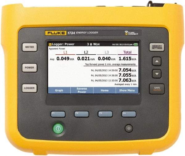 Fluke - 3 Phase, 1,000 VAC, 0.20 to 6,000 Amp Capability, 3.5 to 42.5 Hz Calibration, LCD Display Power Meter - 0.5 Current Accuracy, 0.5 Voltage Accuracy - USA Tool & Supply