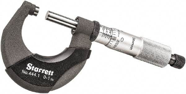 Starrett - 0 to 1" Range, 0.0001" Graduation, Mechanical Outside Micrometer - Ratchet Thimble, 3/4" Throat Depth, Accurate to 0.00005" - USA Tool & Supply